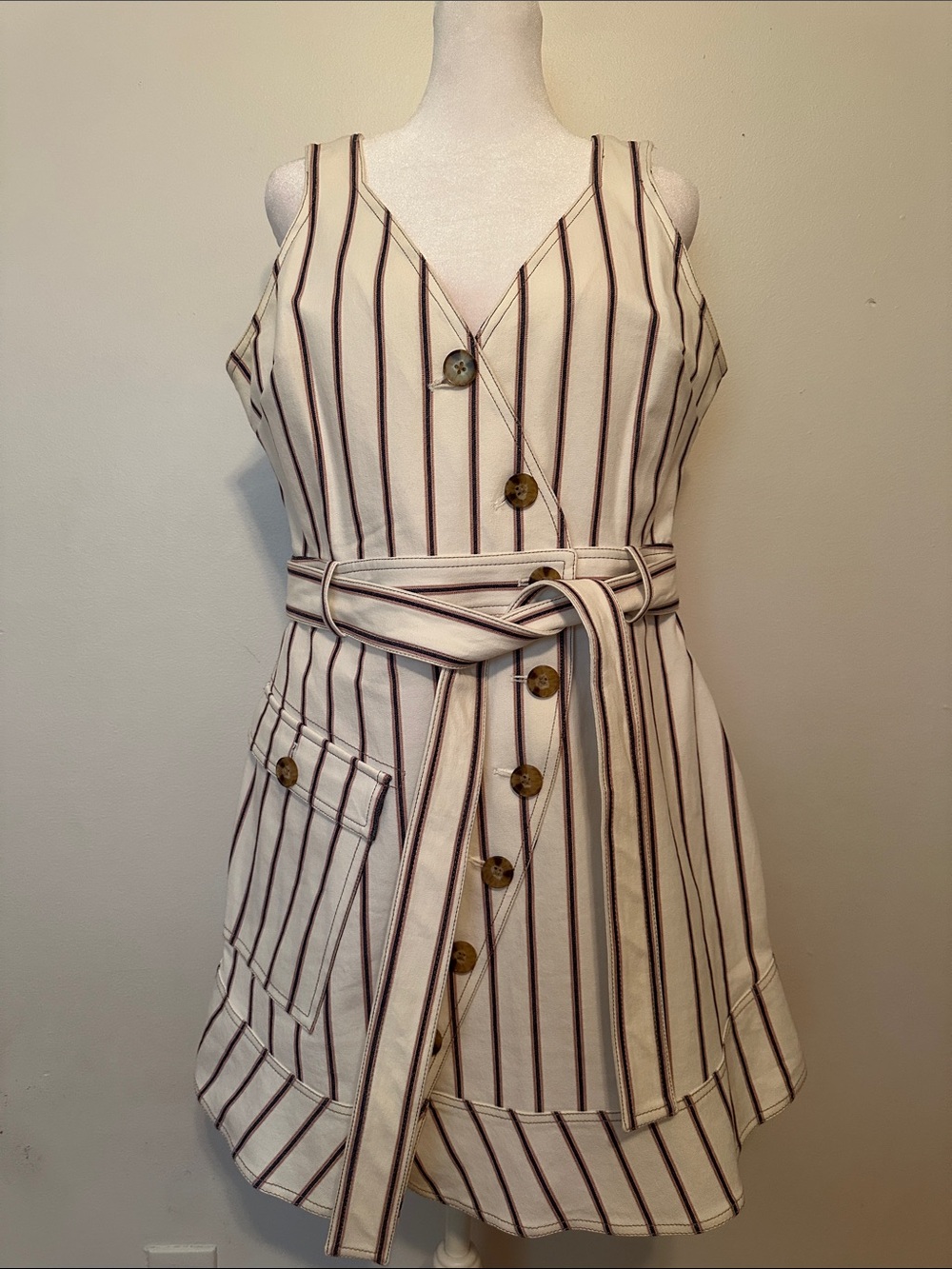 10 Crosby Derek Lam Cream Dress with Brown Stripes and Belt Size 12